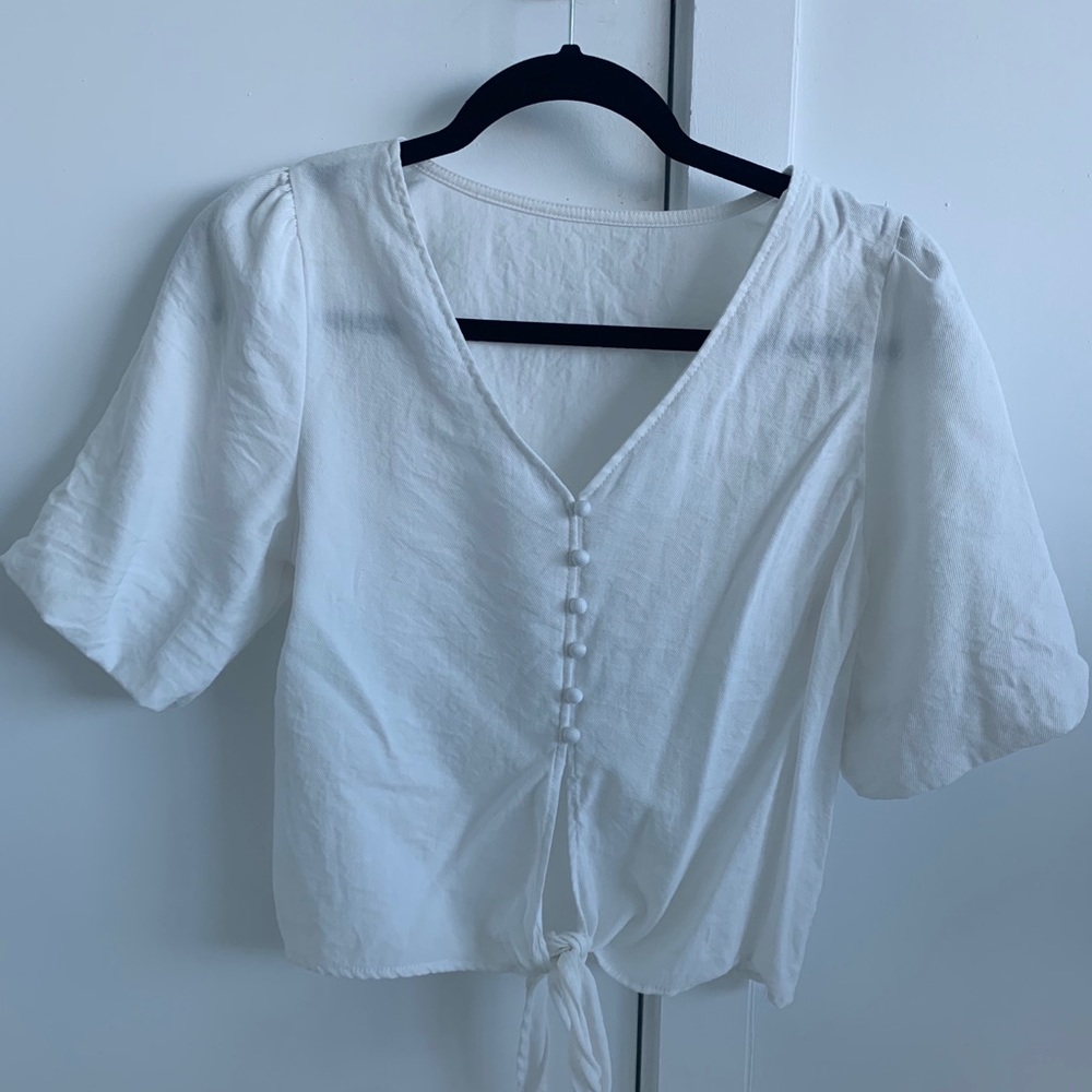 White button down puff sleeve tie top